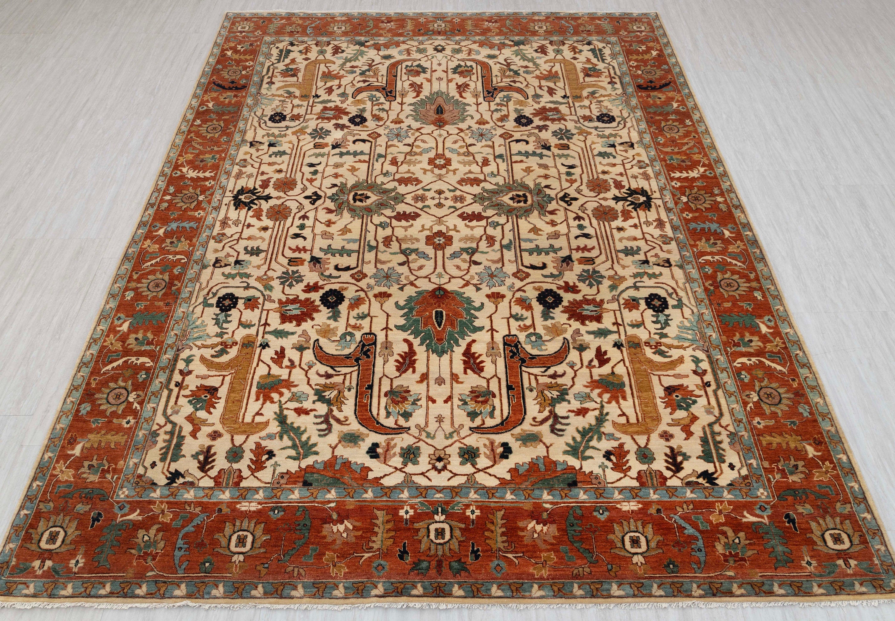 Beige Cream Rust Serapi Persian Retro High Quality Hand Knotted 100% Wool Rug,  Rug 9385