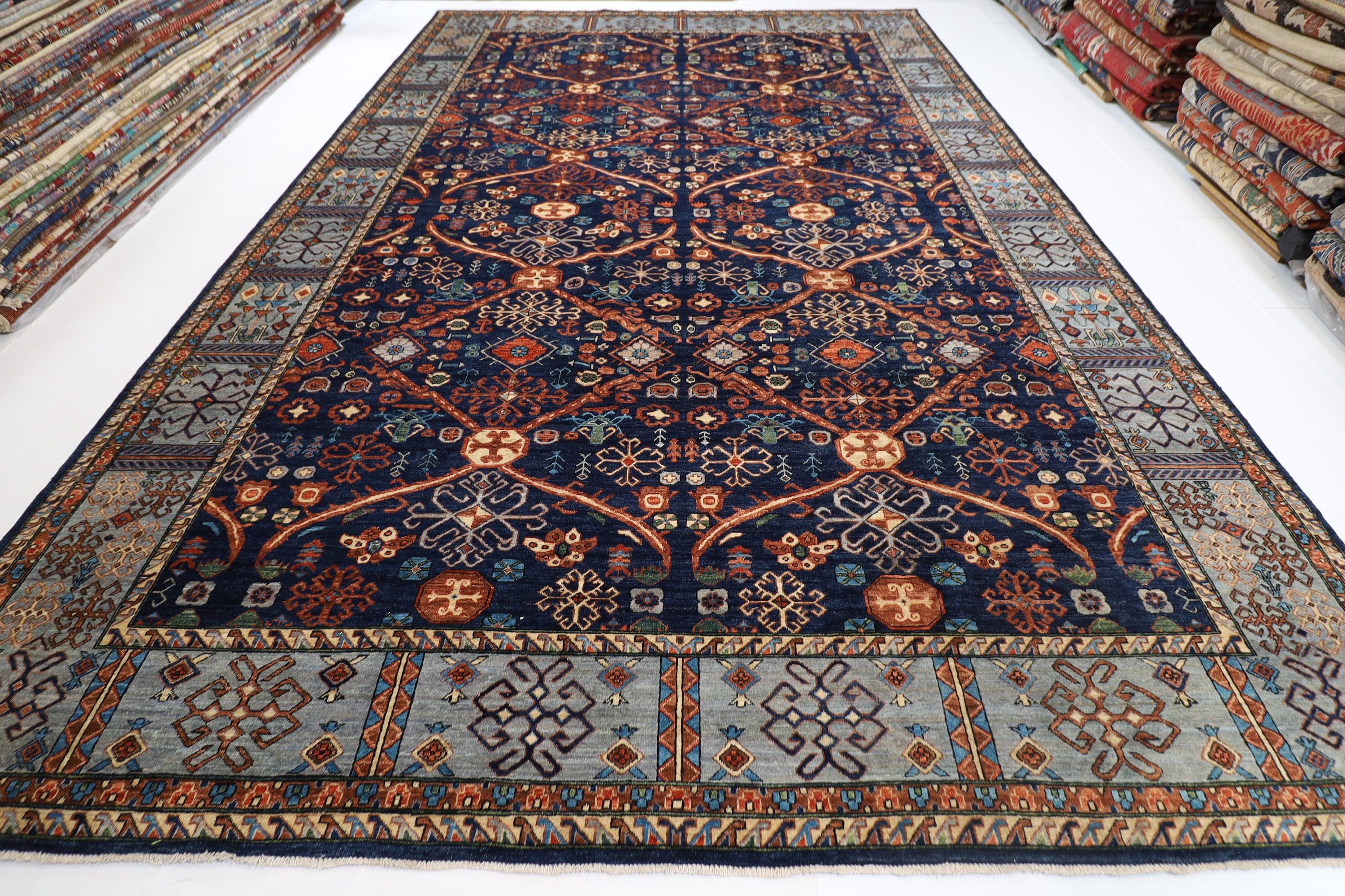 Large Navy Blue Area Rug Wool Natural Colors Hand Knotted Rug  310 x 490cm