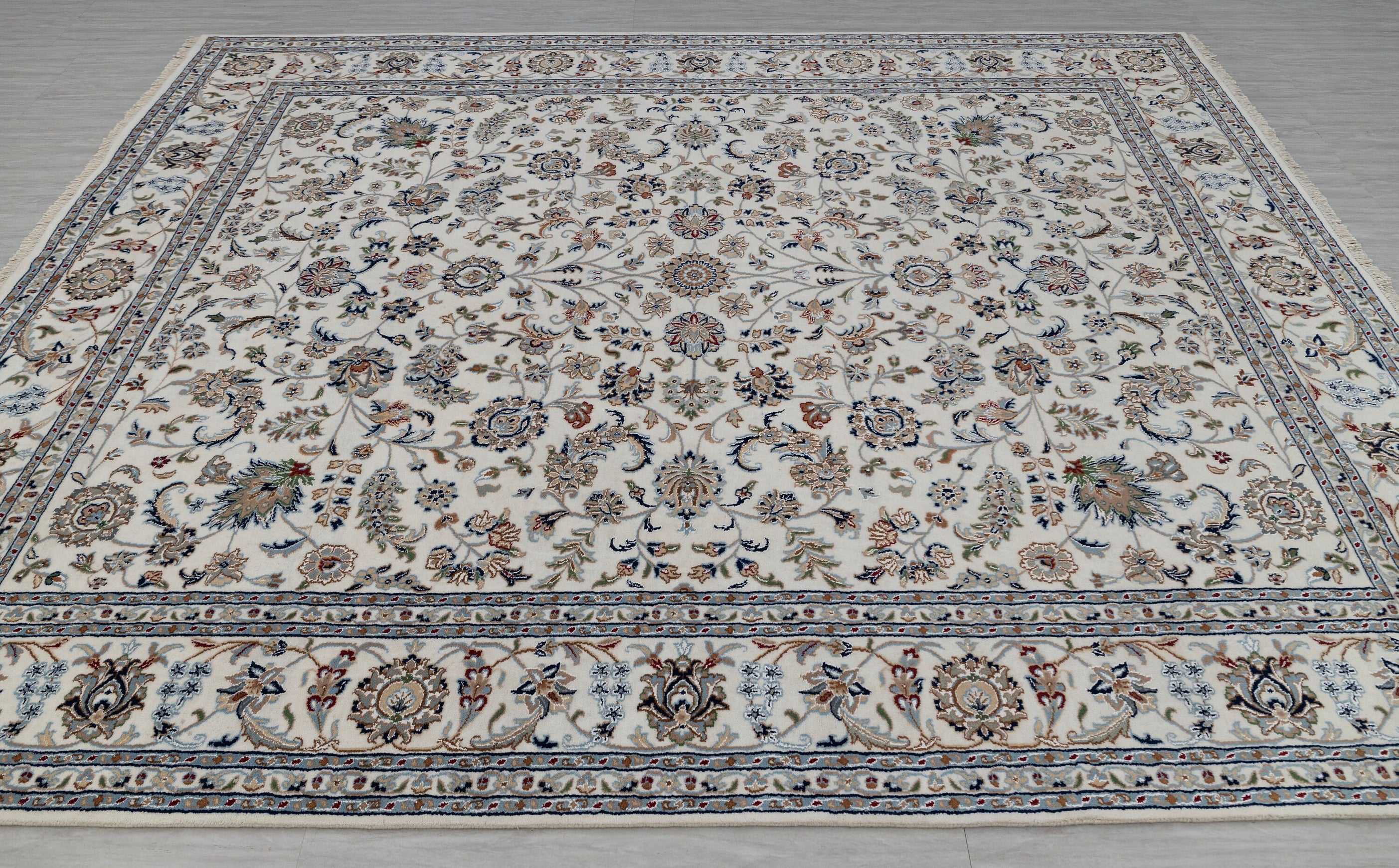 Ivory Cream High Quality Hand Knotted Persian Design Indo Nain Tabriz Wool Silk Rug-G-5429