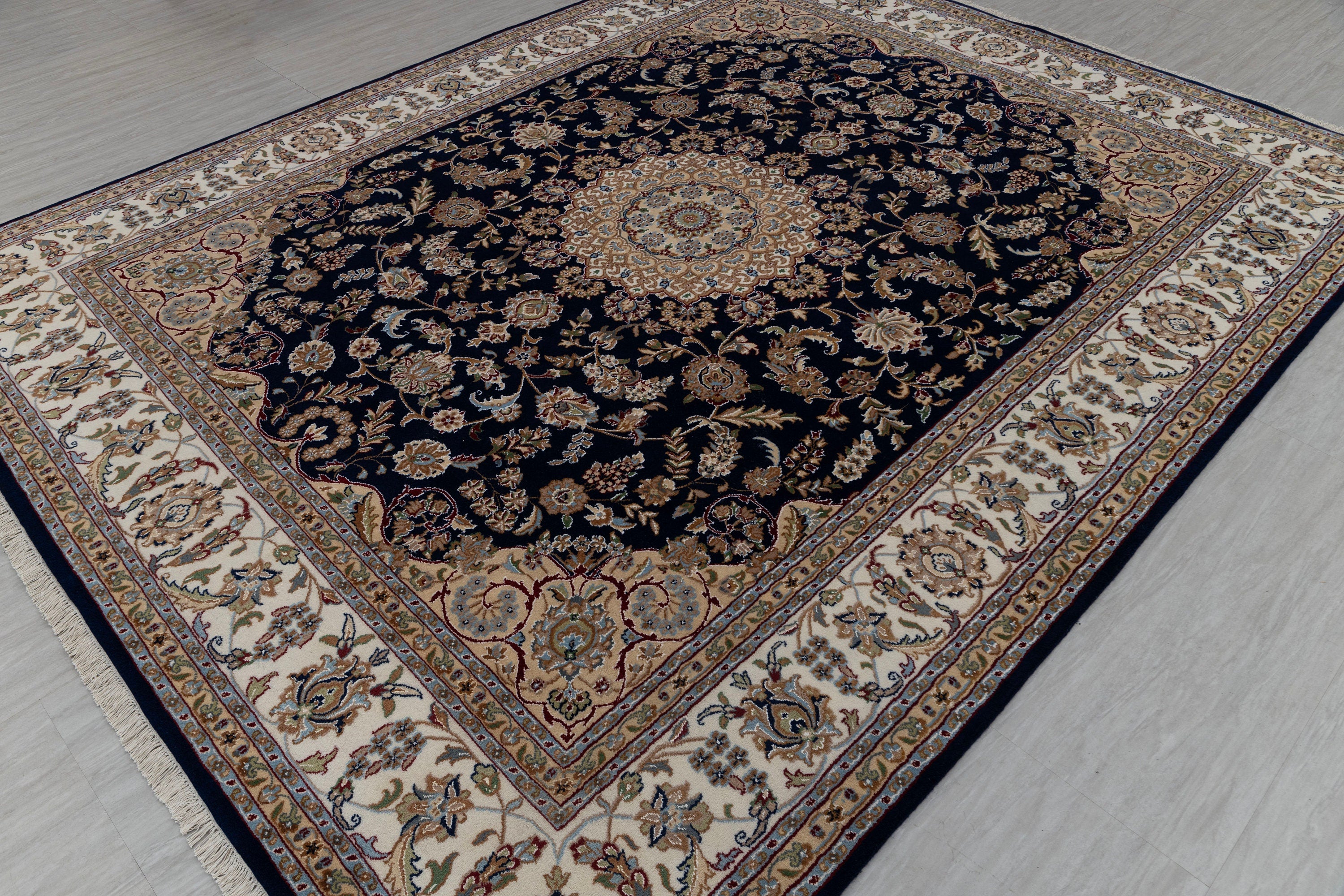 Navy Cream Medallion High Quality Hand Knotted Persian Design Indo Nain Tabriz Wool Silk Rug-G-5432