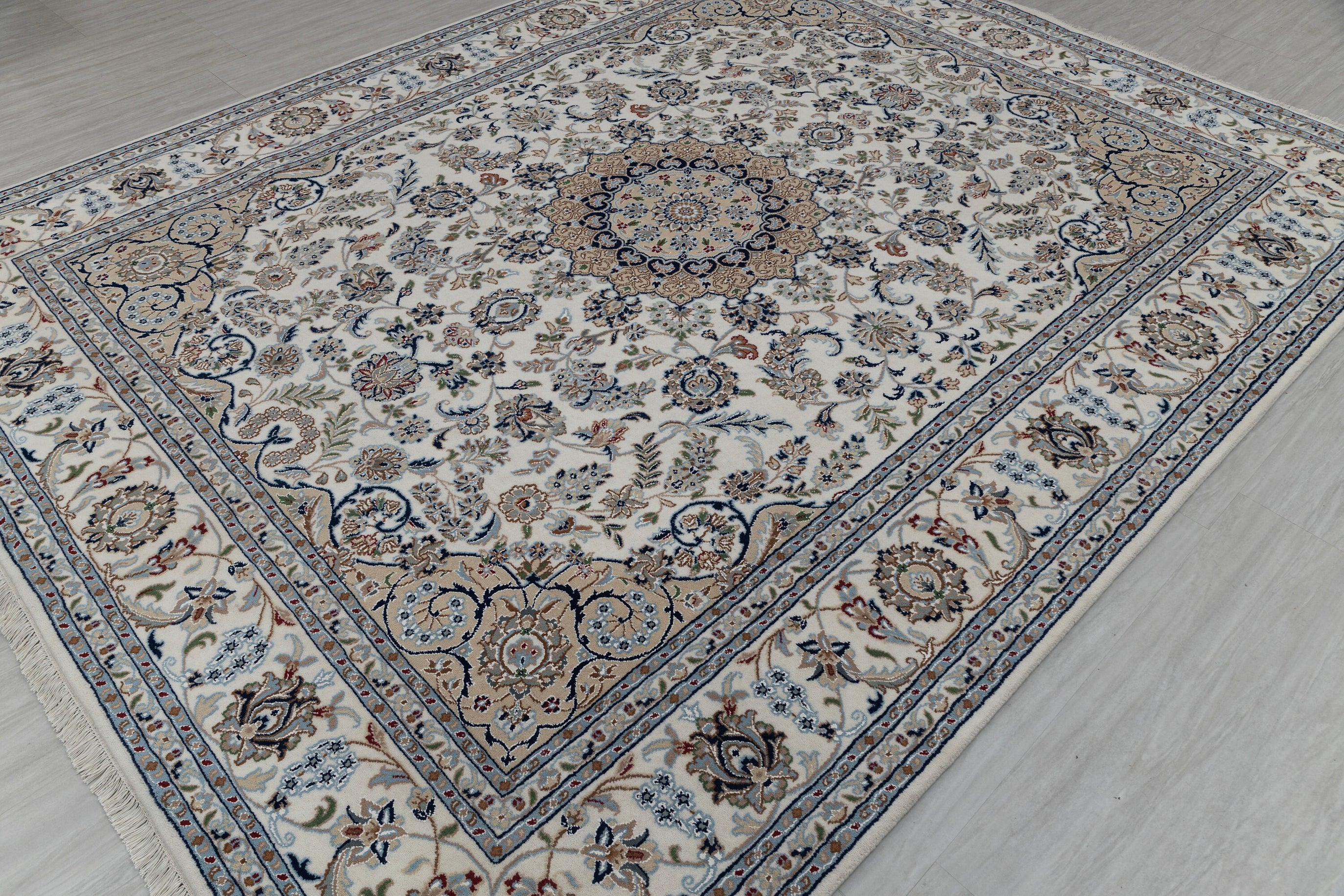Ivory Cream Medallion High Quality Hand Knotted Persian Design Indo Nain Tabriz Wool Silk Rug-G-5432