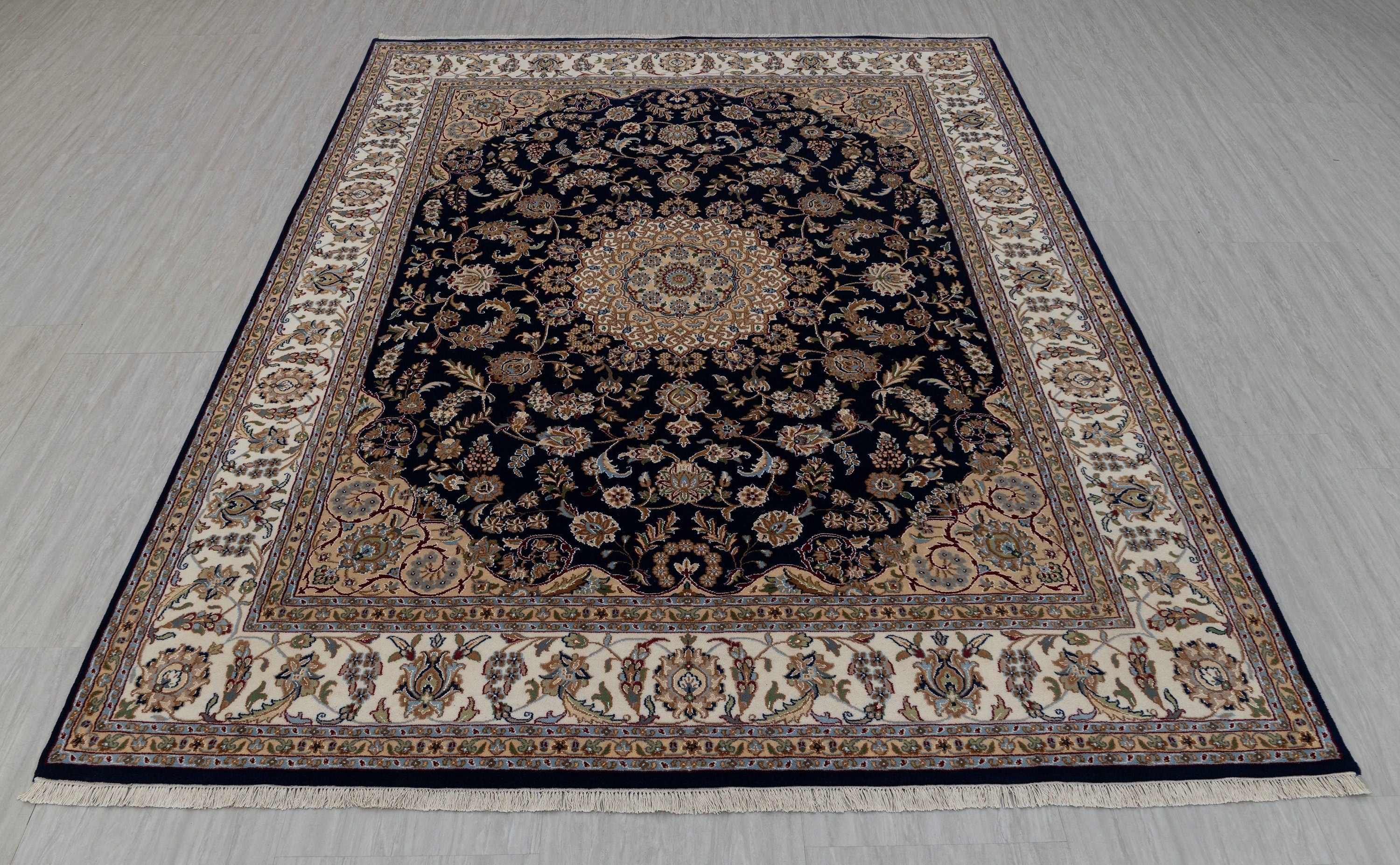 Navy Cream Medallion High Quality Hand Knotted Persian Design Indo Nain Tabriz Wool Silk Rug-G-5432