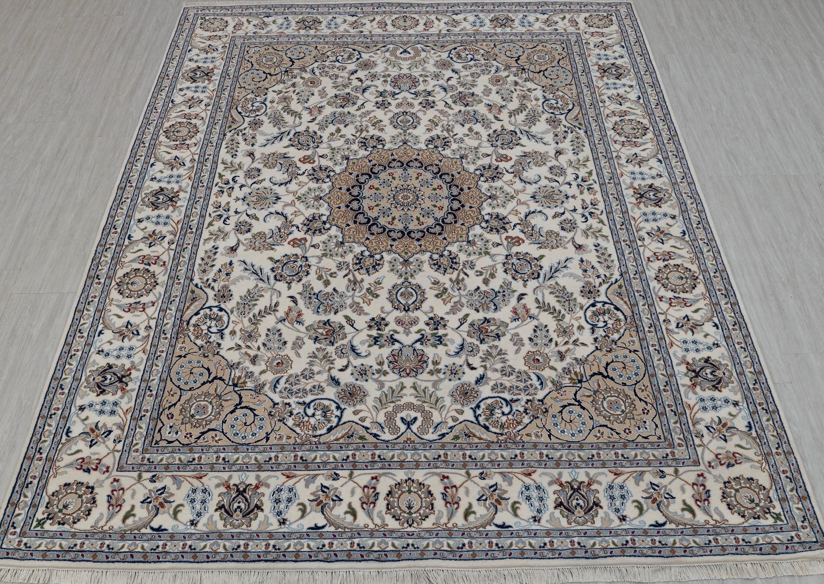 Ivory Cream Medallion High Quality Hand Knotted Persian Design Indo Nain Tabriz Wool Silk Rug-G-5432
