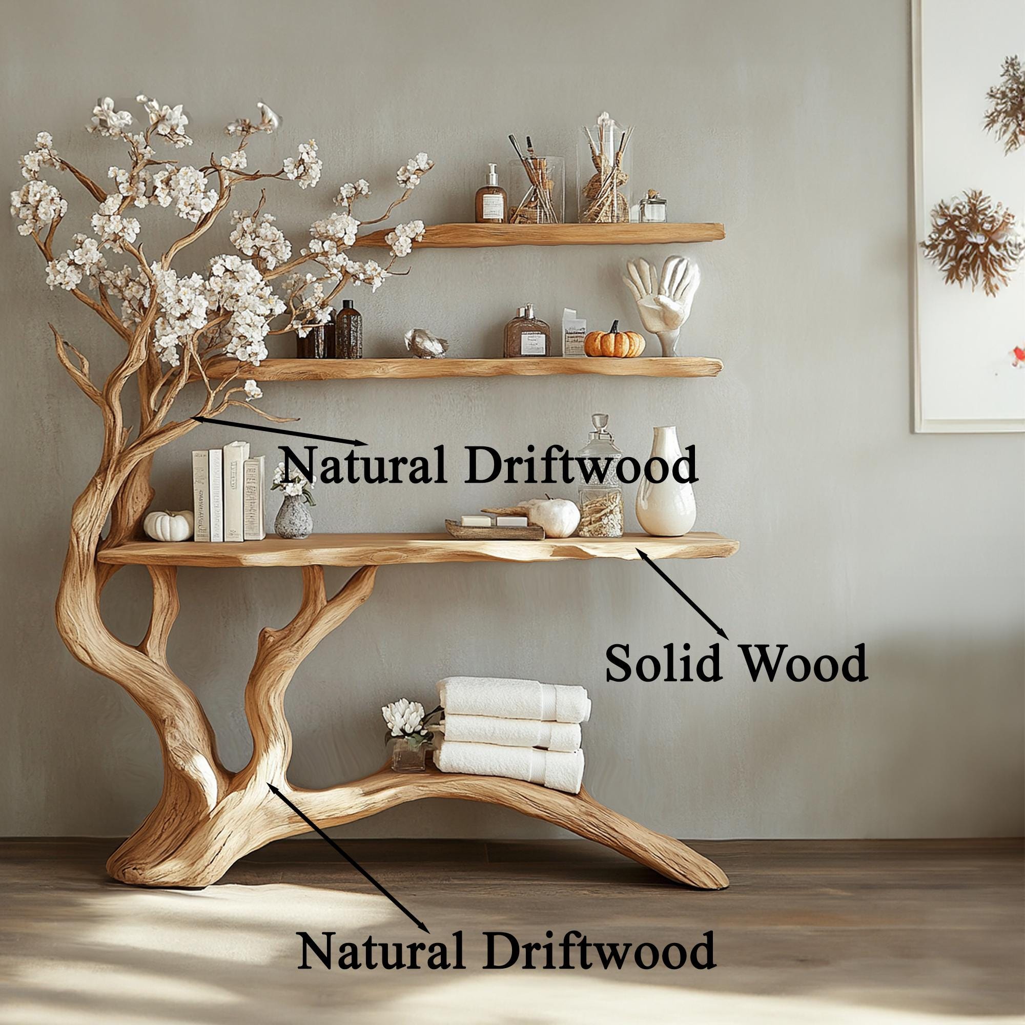 Handcrafted Wooden Console Table with Tree-Shaped Bookshelf