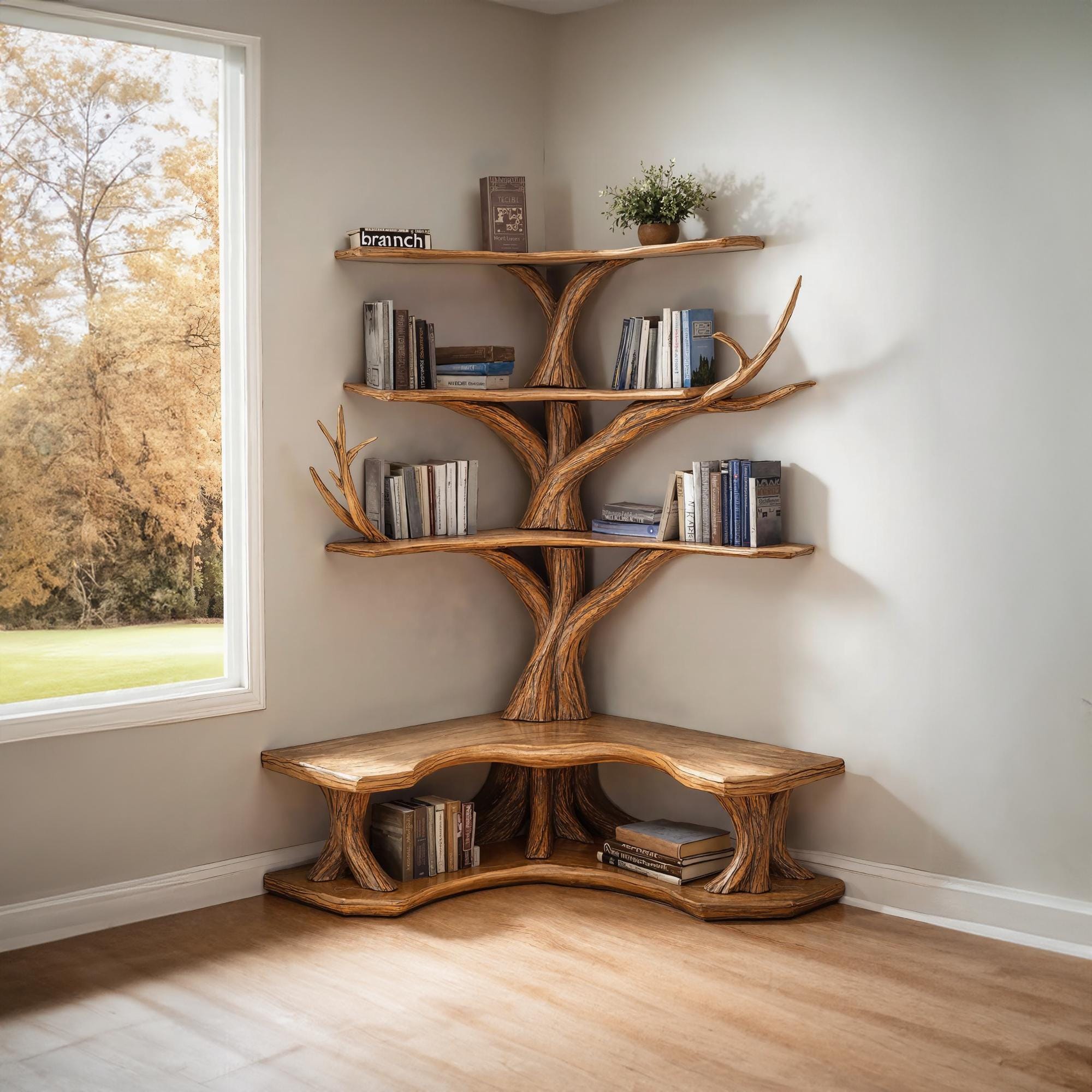 Tree Branch Bookshelf with L-Shaped Bench