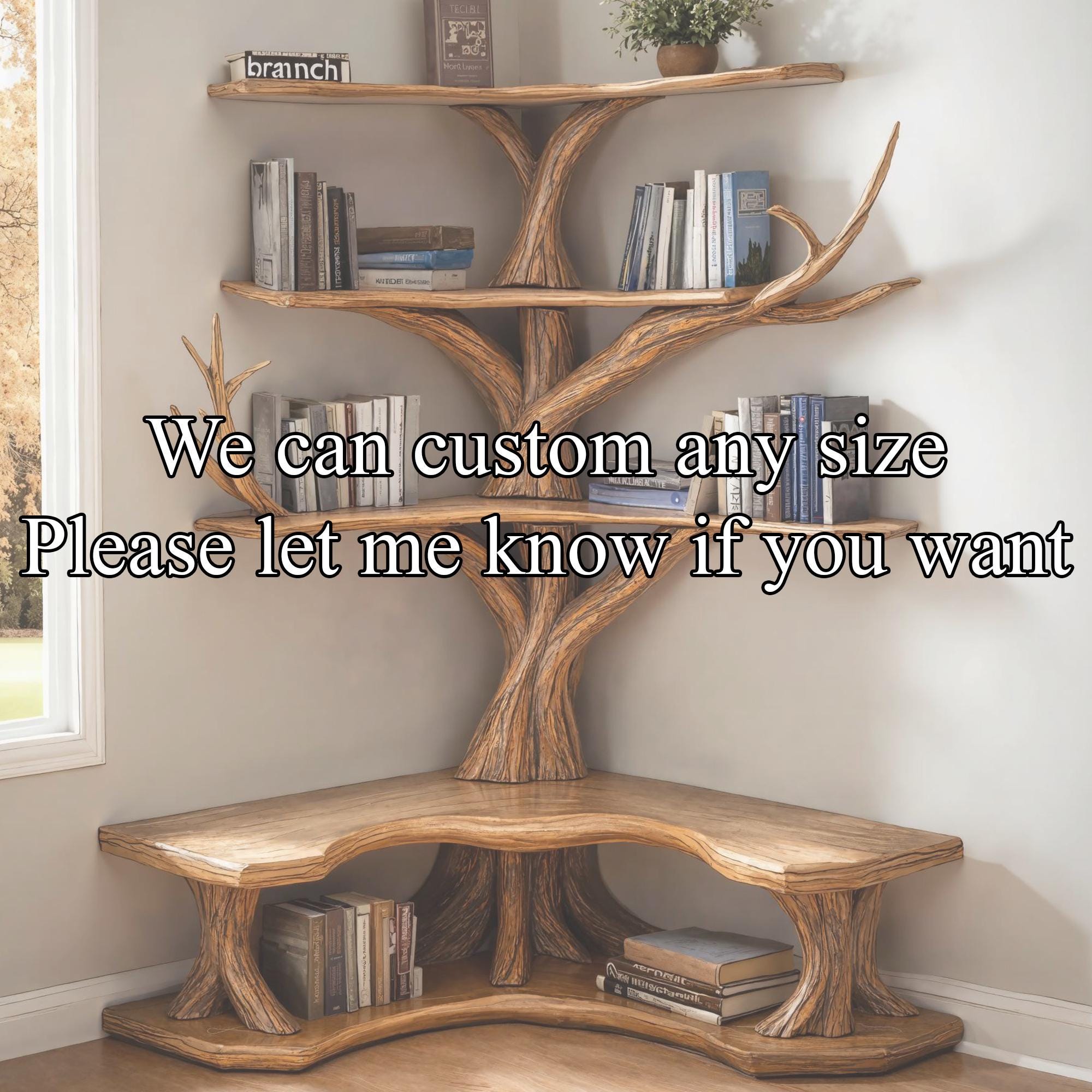 Tree Branch Bookshelf with L-Shaped Bench