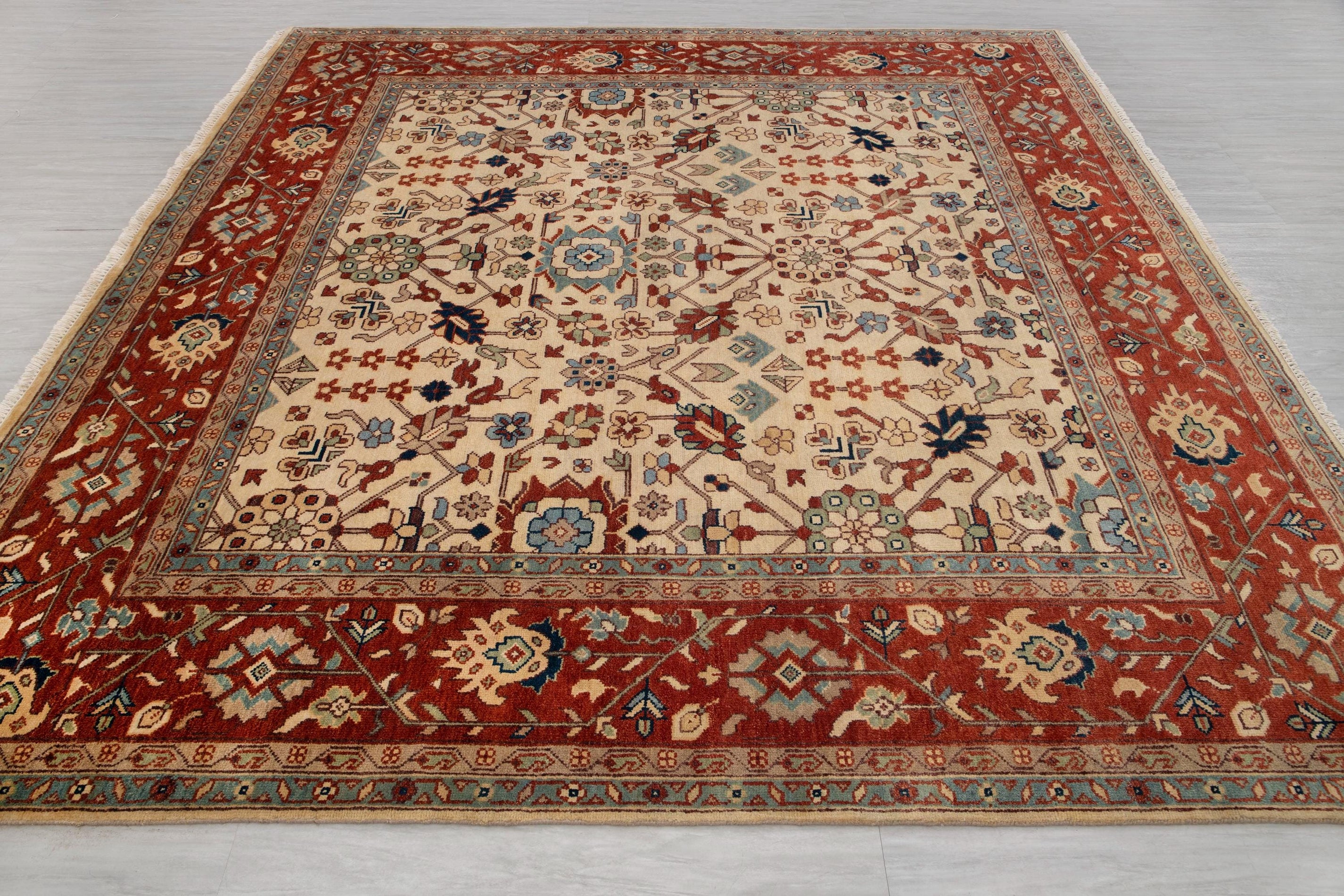 9x9 Square Rug Cream Persian Rust Plush Soft Feel  Quality Wool Hand Knotted Rug , MT-25