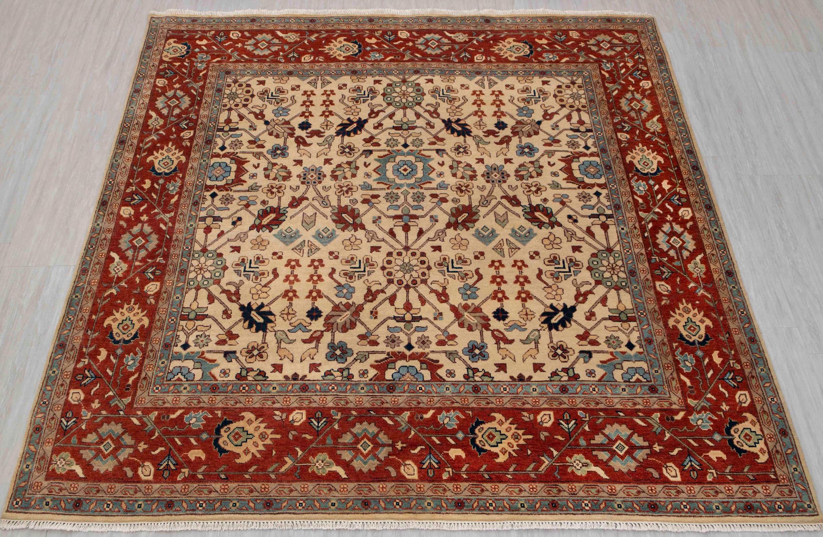 9x9 Square Rug Cream Persian Rust Plush Soft Feel  Quality Wool Hand Knotted Rug , MT-25