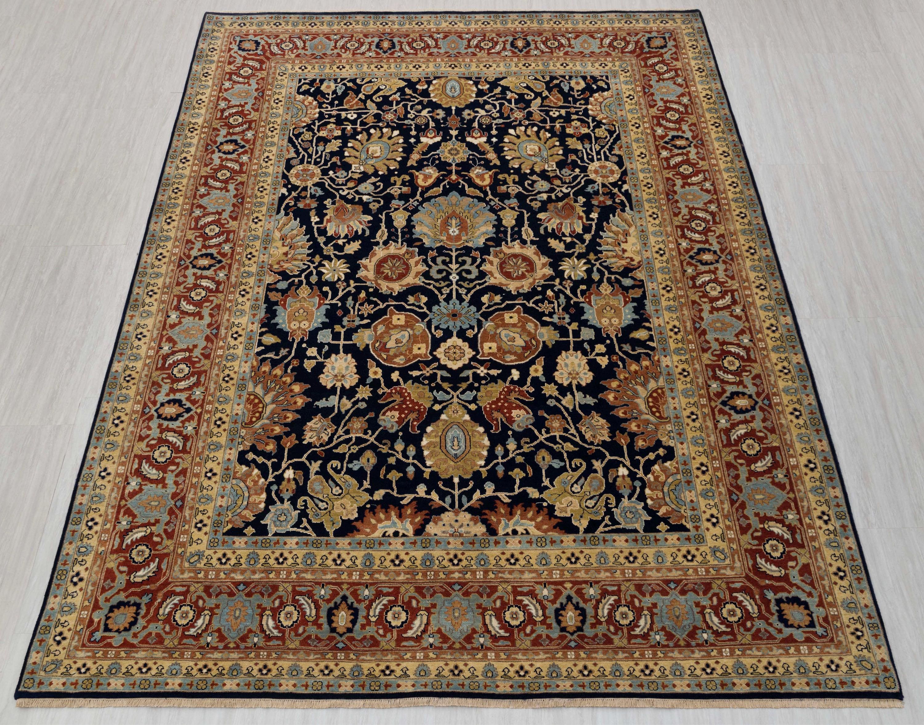 Navy Red Persian Tabriz Fine Density Hand Knotted Wool Rug, Classic  Decor-10682