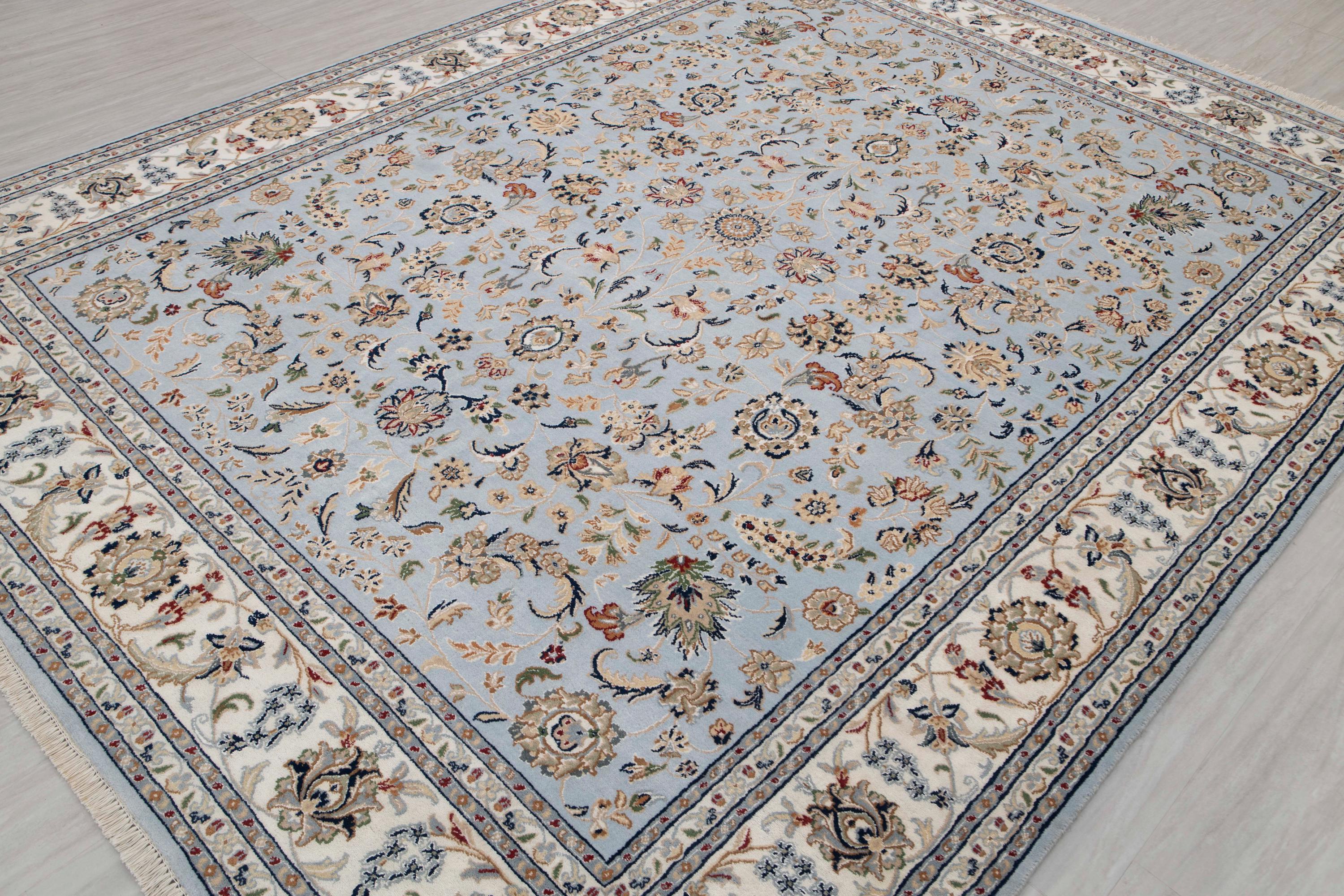 Light Blue Ivory High Quality Hand Knotted Persian Design Indo Nain Tabriz Wool Silk Rug-G-5429