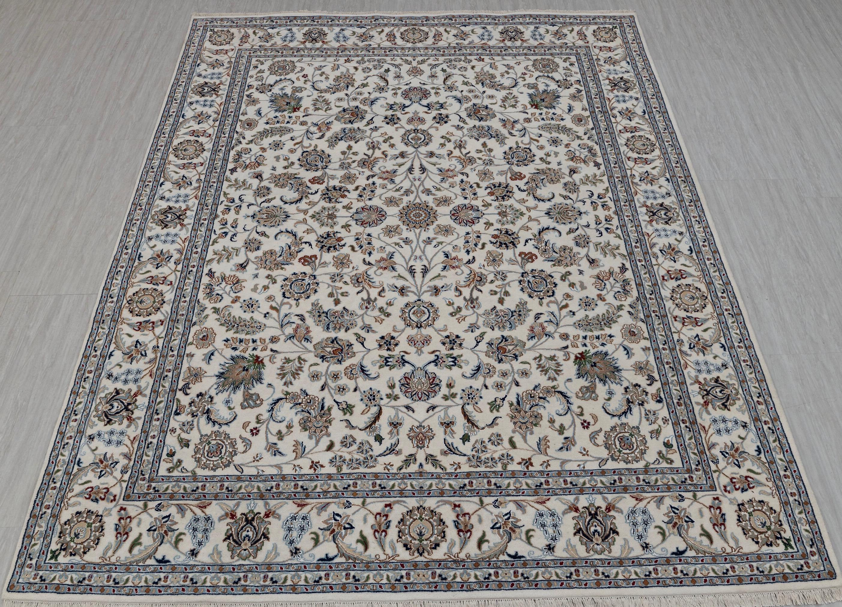 Ivory Cream High Quality Hand Knotted Persian Design Indo Nain Tabriz Wool Silk Rug-G-5429