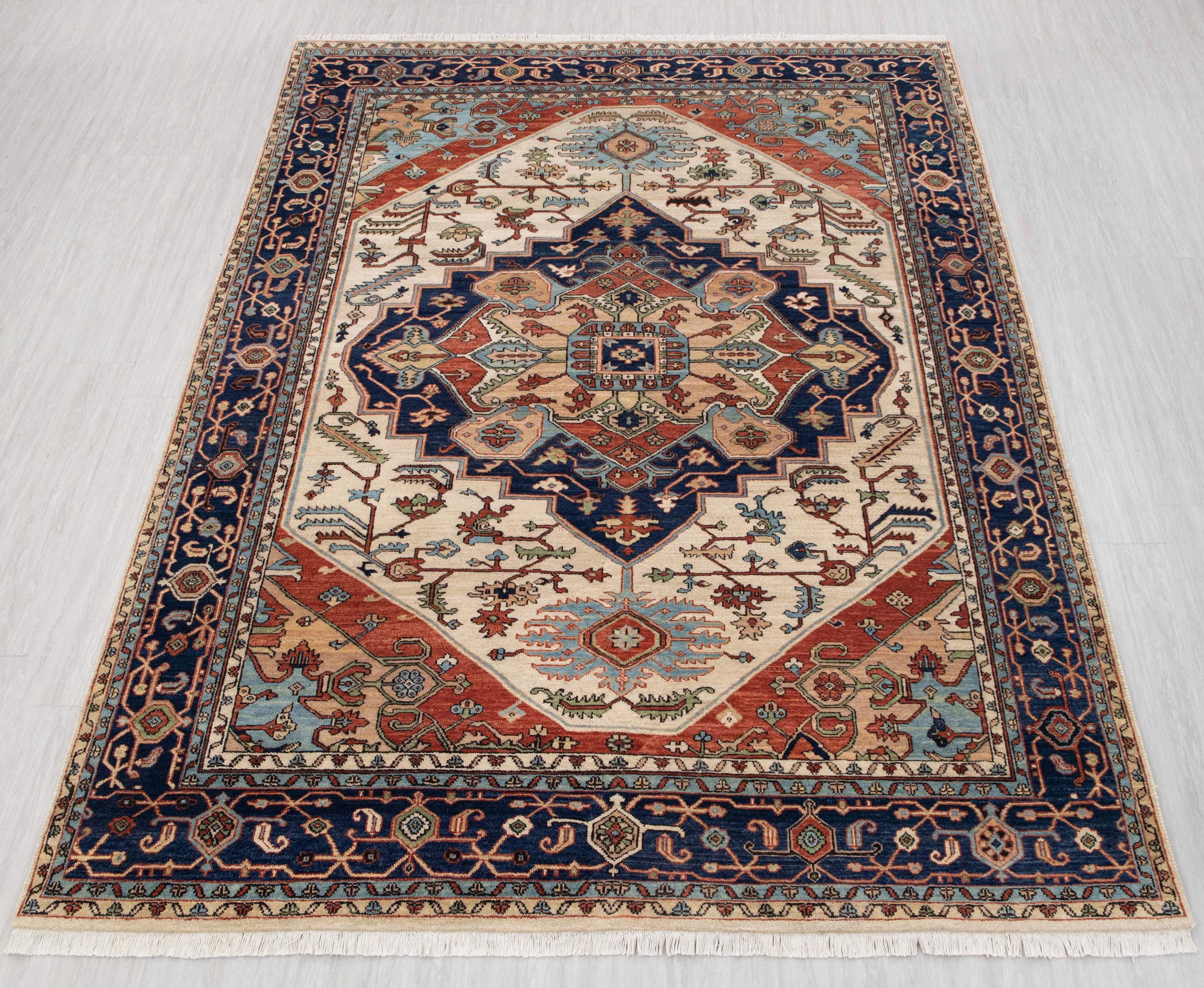 8x10 Beige Blue Serapi Classic Persian Retro High Quality Fine Weave Rug Hand Knotted 100% Wool  Rug- G-12223