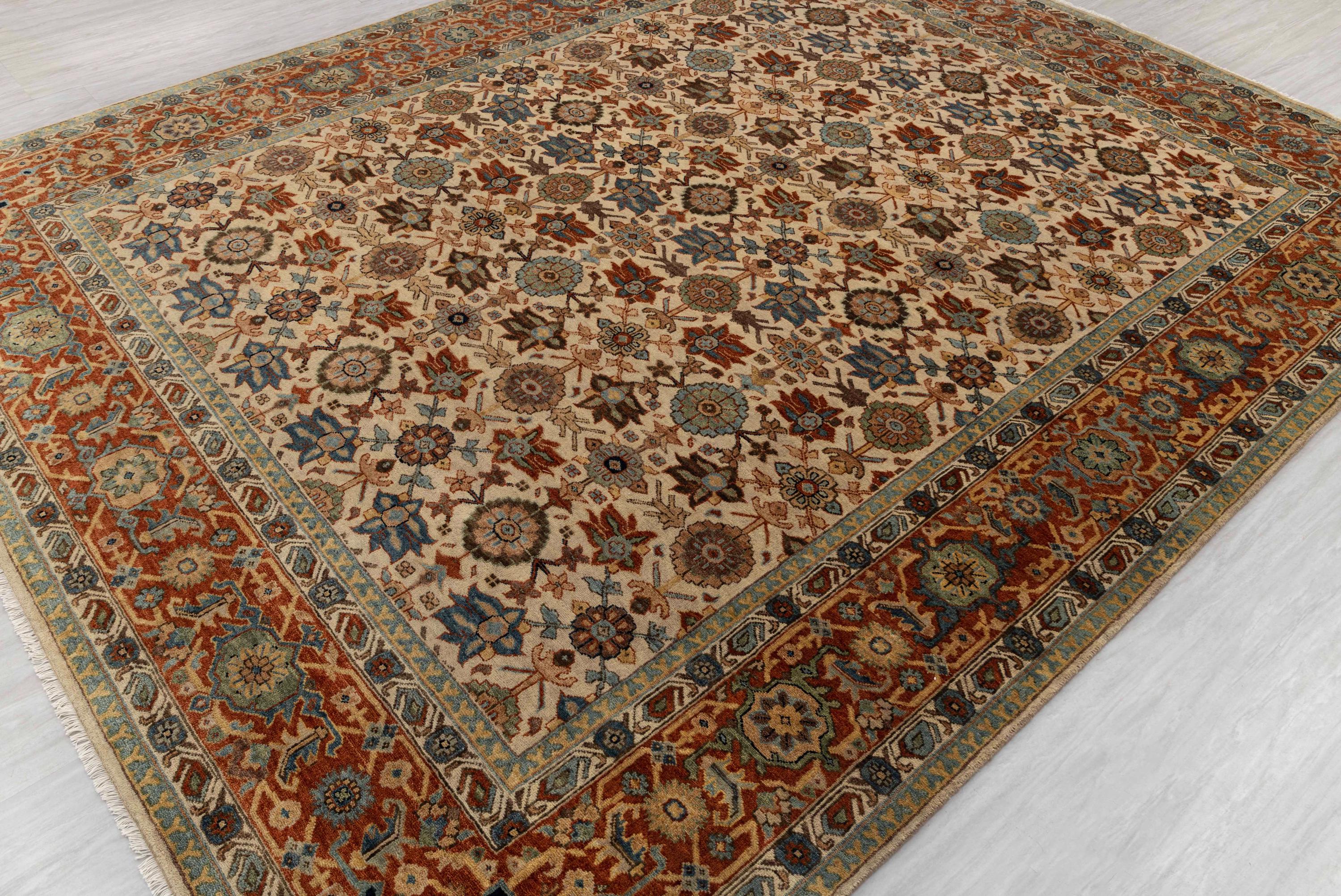 Beige Rust Persian Mina Khani Pattern Reproduction Fine Density Soft Hand Knotted Wool Rug, -G-11371, CUSTOM SIZES AVAILABLE
