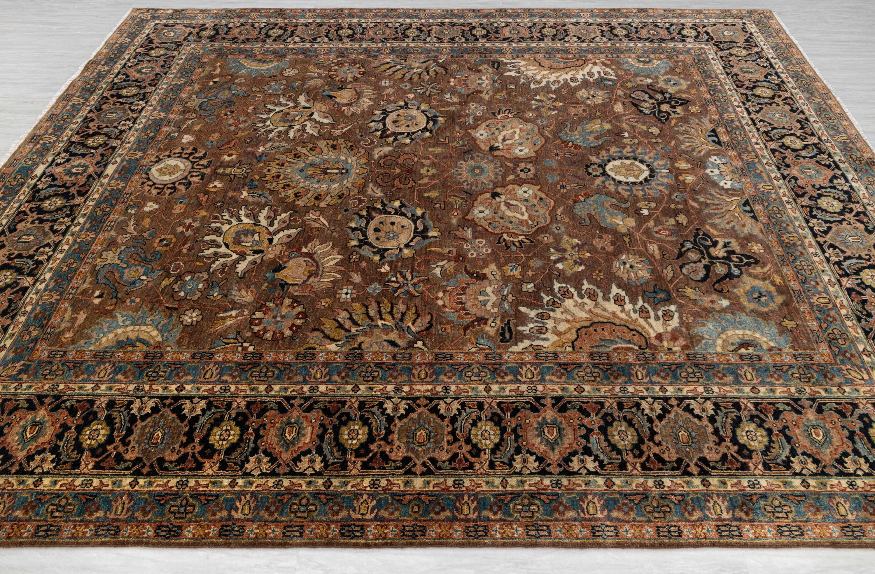 Brown Navy Border  Super Fine Weave Tabriz High Density Premium Quality Hand Knotted Soft Wool Rug I G-11362