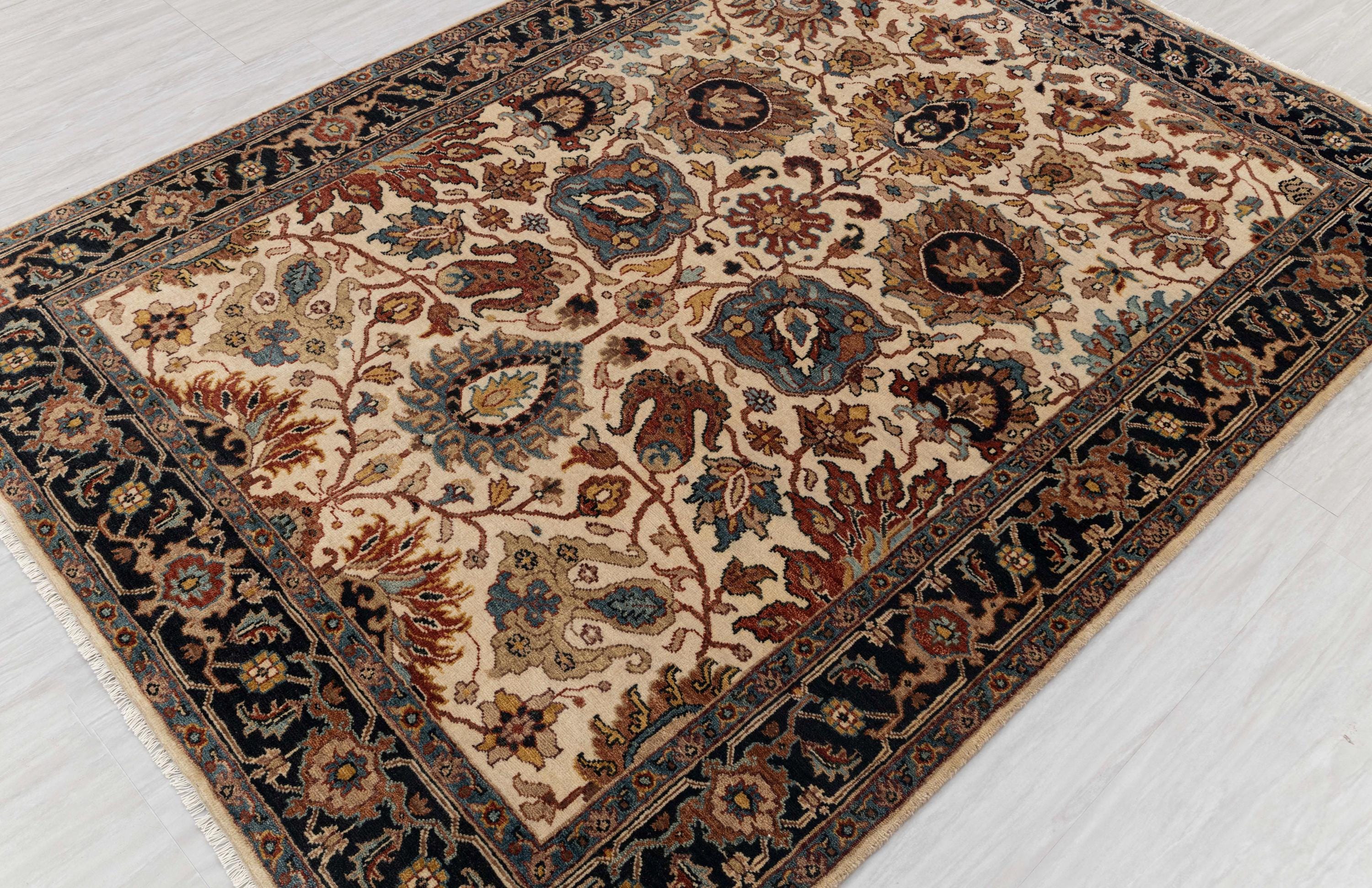 Cream Navy Persian Tabriz Reproduction Fine Density Soft Hand Knotted Wool Rug, -G-11028