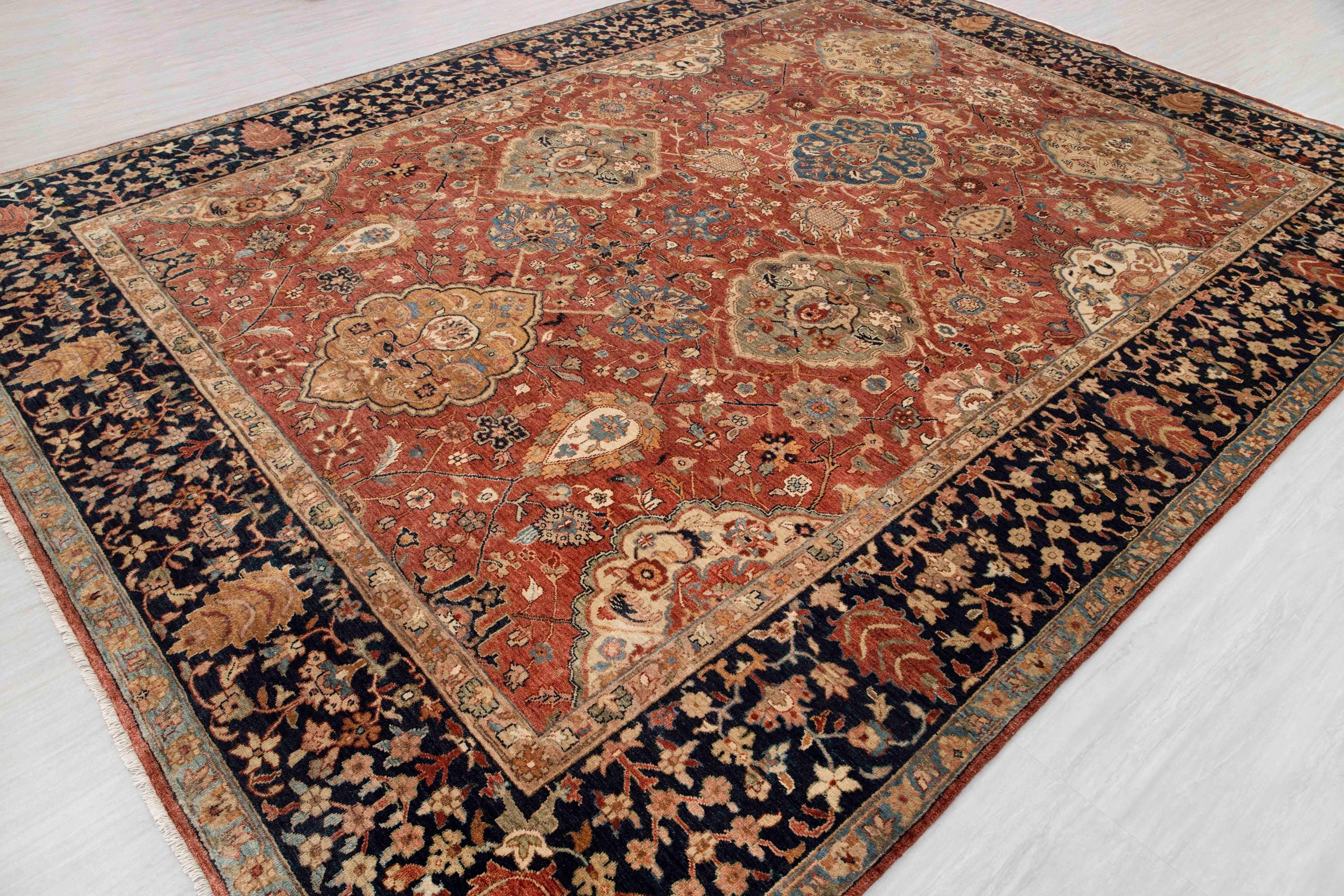 Rust Navy Tabriz Reproduction Fine Density High Quality Soft Hand Knotted Wool Rug, -G-11381