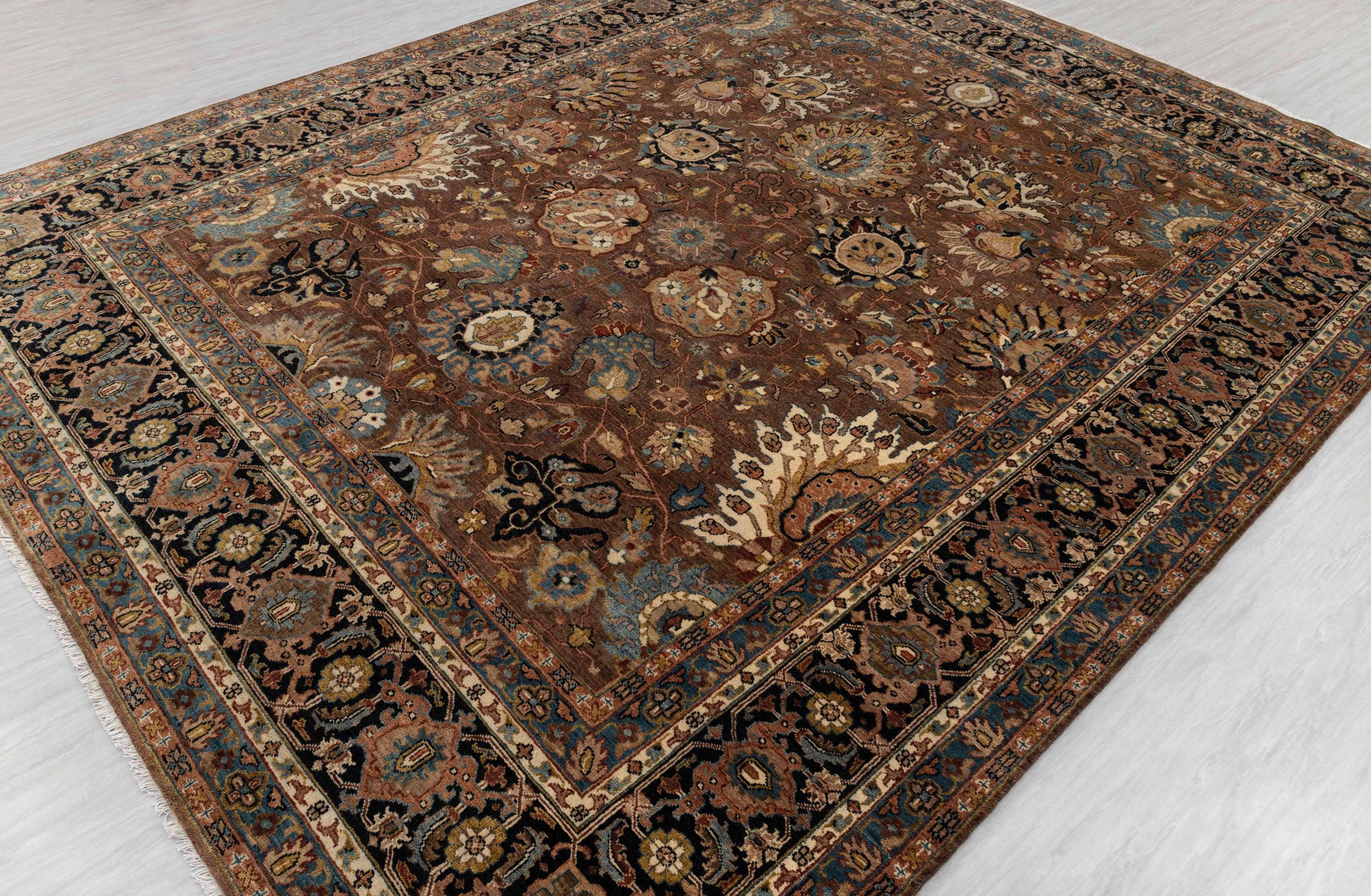 Brown Navy Border  Super Fine Weave Tabriz High Density Premium Quality Hand Knotted Soft Wool Rug I G-11362