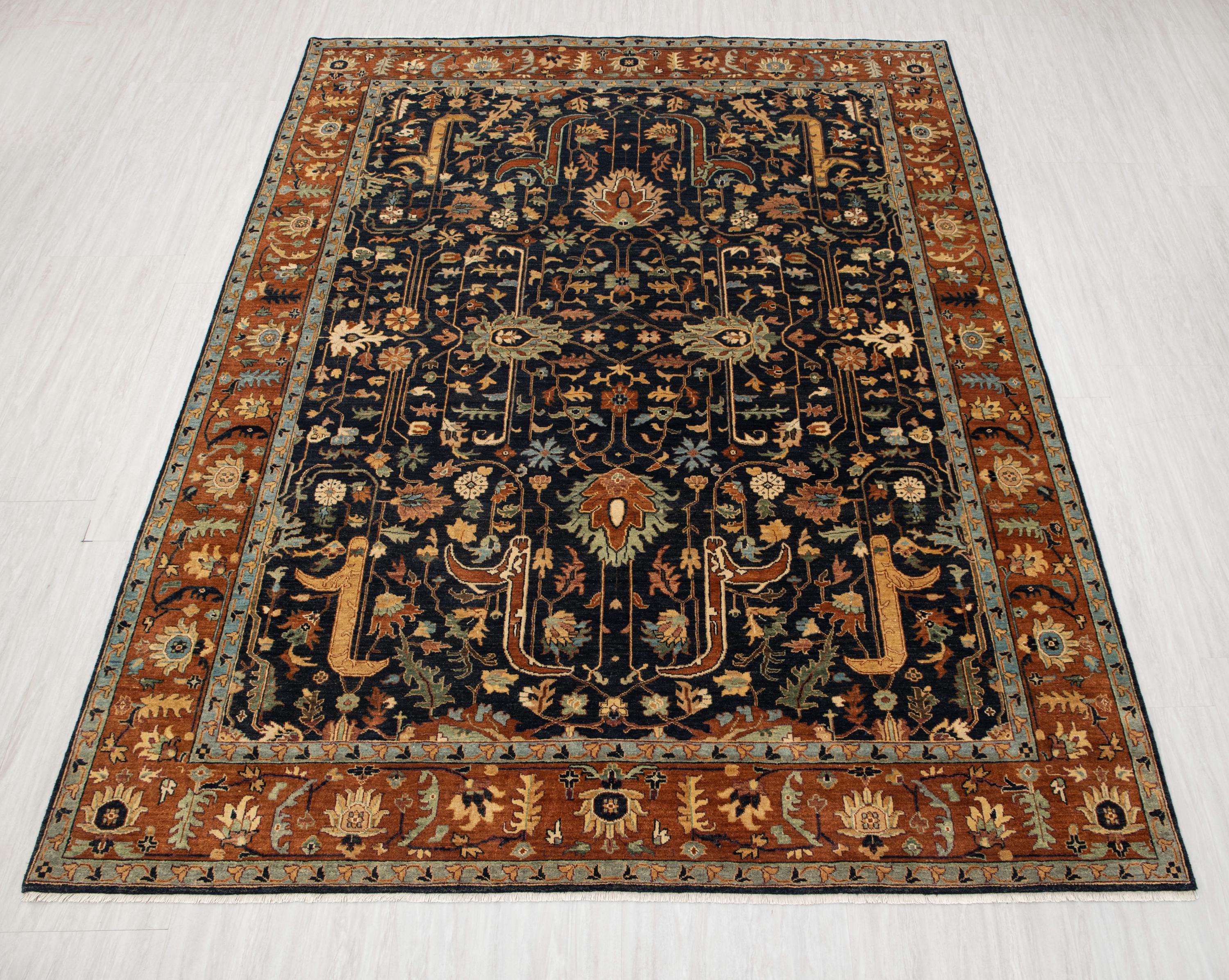Navy Blue Rust Persian Tabriz Reproduction Fine Density Soft Hand Knotted Wool Rug, -G-10261, Custom Size Available