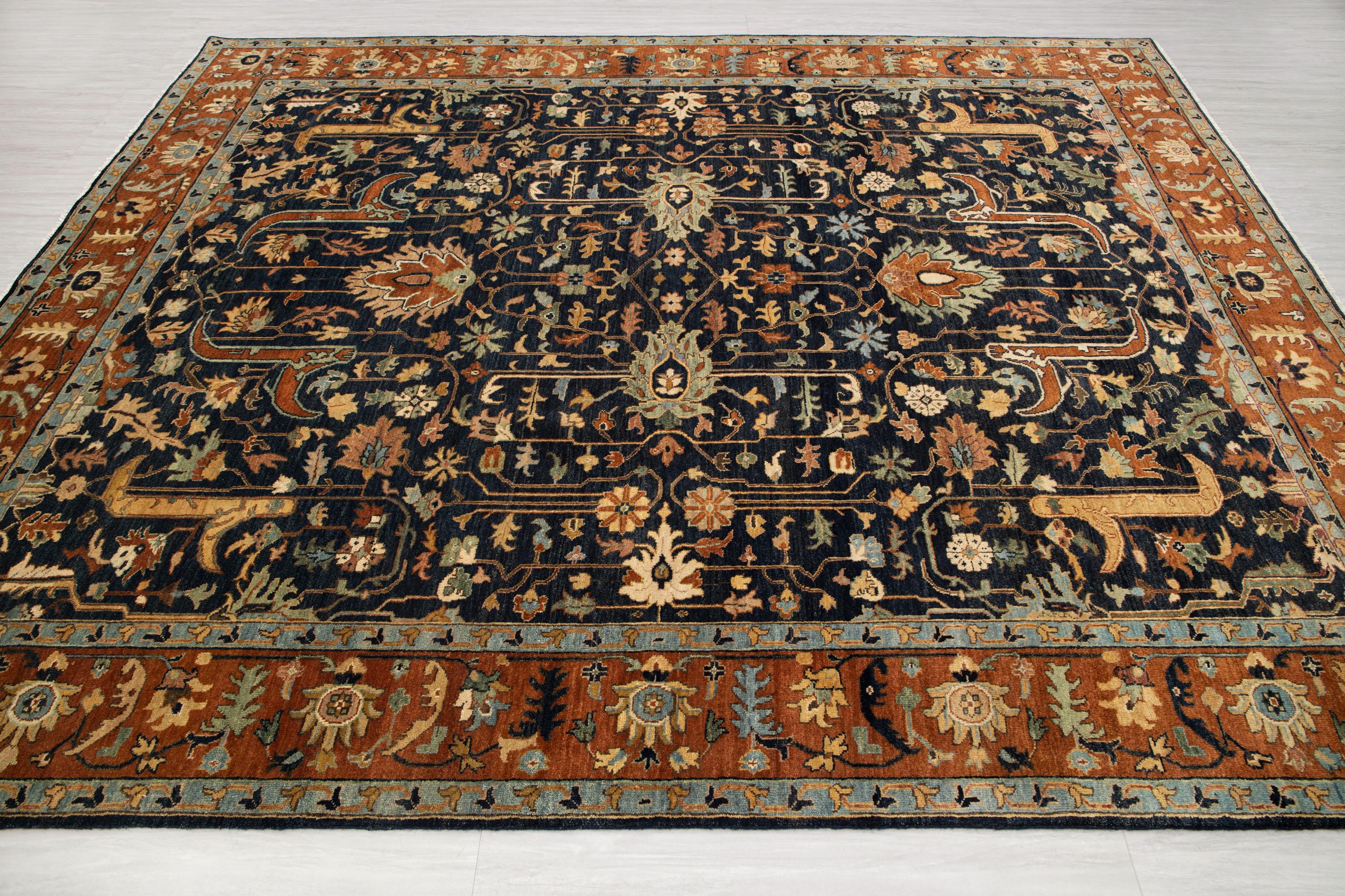Navy Blue Rust Persian Tabriz Reproduction Fine Density Soft Hand Knotted Wool Rug, -G-10261, Custom Size Available