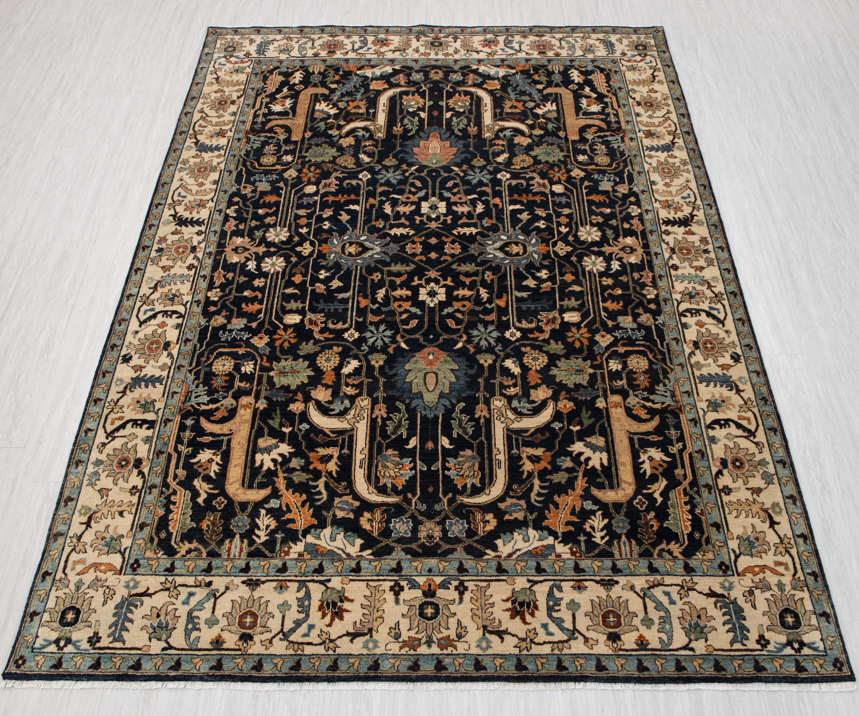 Navy Blue Cream Serapi Persian Tabriz Reproduction Fine Density Soft Hand Knotted Wool Rug, -G-10261, Custom Size Available