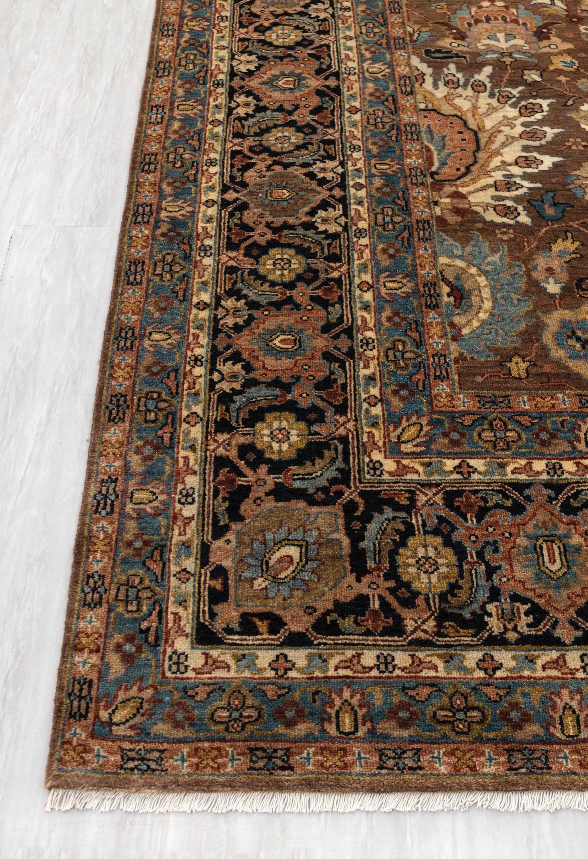 Brown Blue Persian Tabriz Reproduction Fine Density Soft Hand Knotted Wool Rug, -G-11372, Custom Size Available