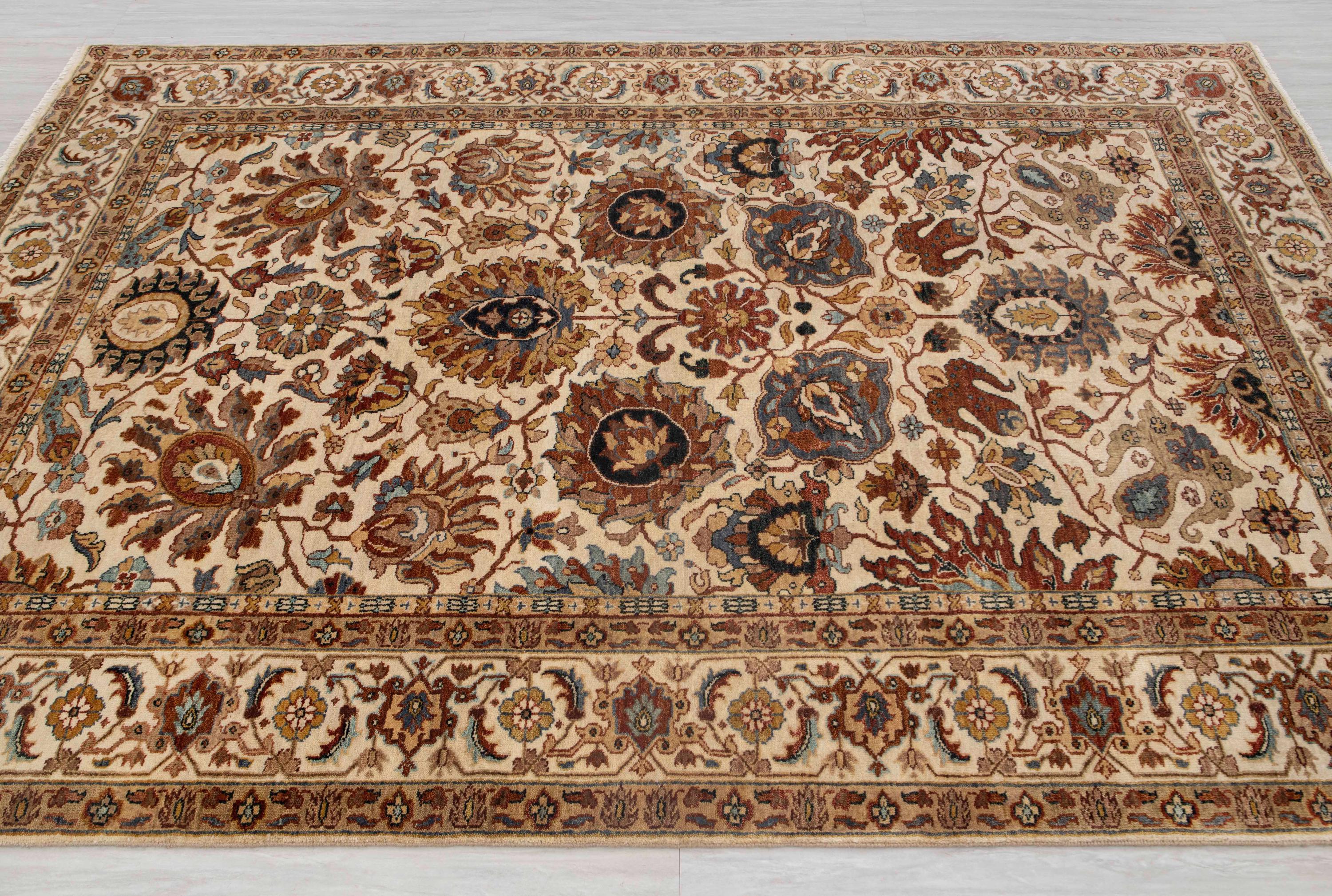 Ivory Cream Persian Tabriz Reproduction Fine Density Soft Hand Knotted Wool Rug, -G-11378