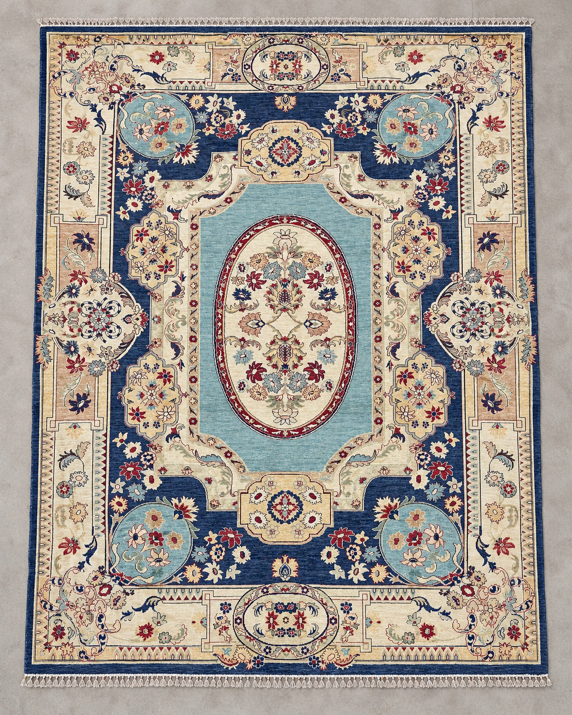 Full overhead view of Aubusson Garden Afghan hand-knotted rug