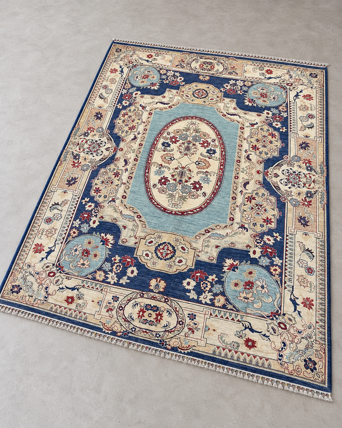 Afghan hand-knotted rug 270 x 360 cm, diagonal studio visualization on matte concrete