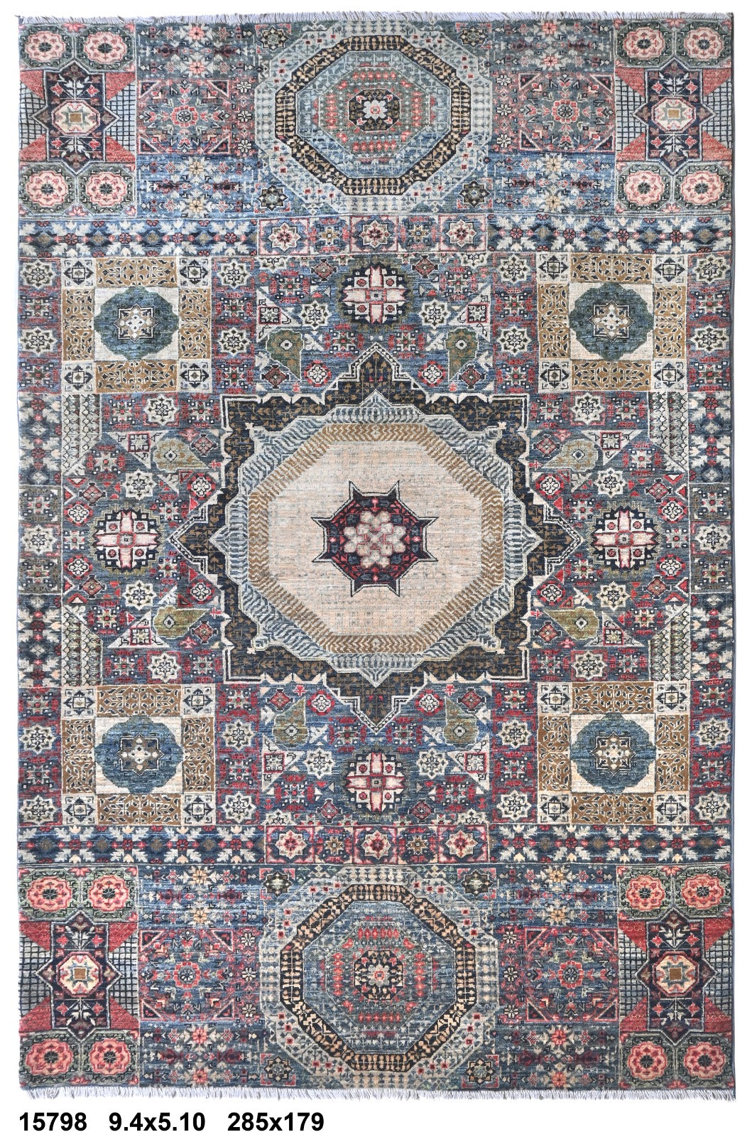 Qasr-e-Nilufar Afghan hand-knotted Ghazni wool rug, overhead view