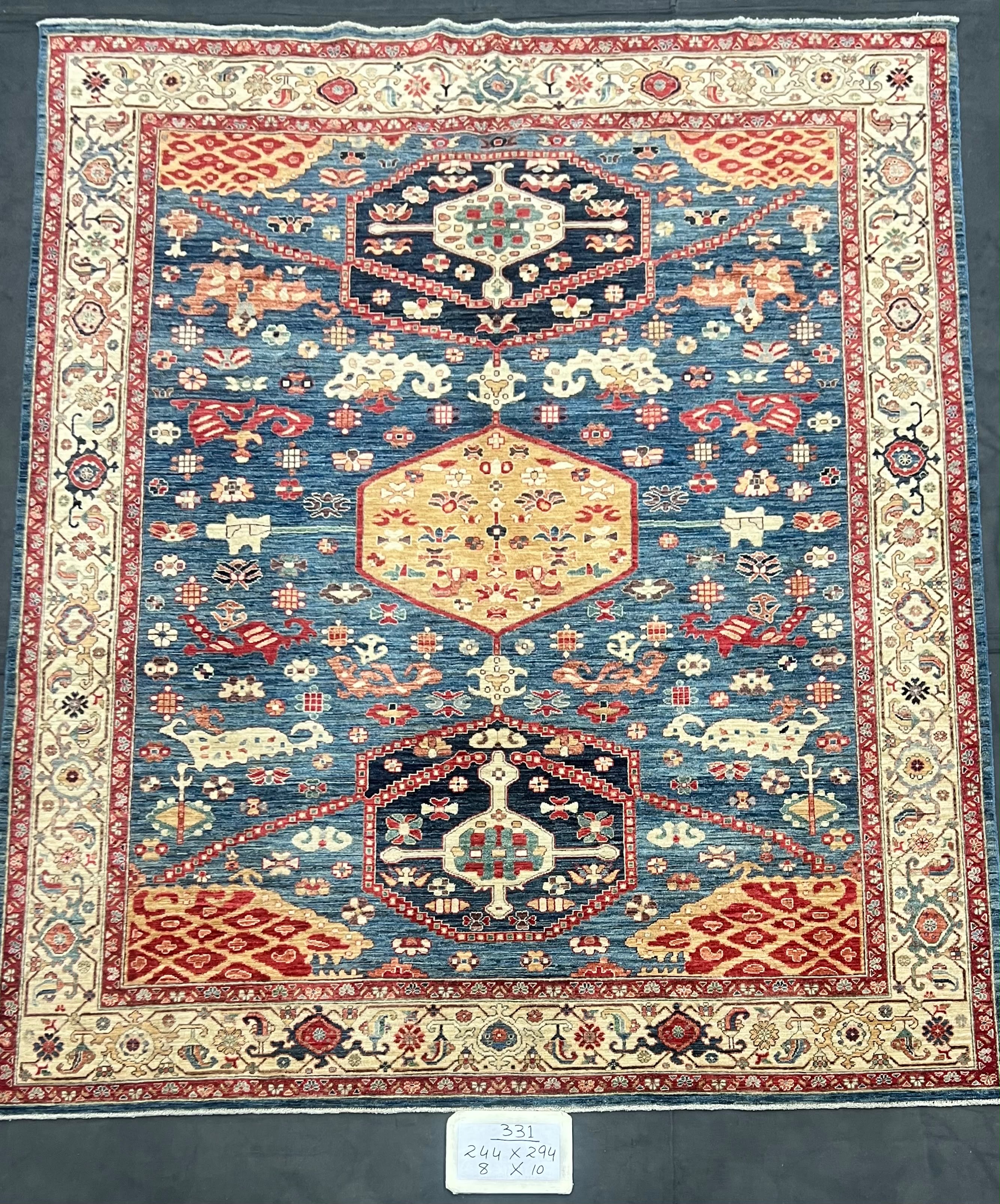 Seh-Gohar-e-Herat Afghan hand-knotted Ghazni wool rug, overhead view
