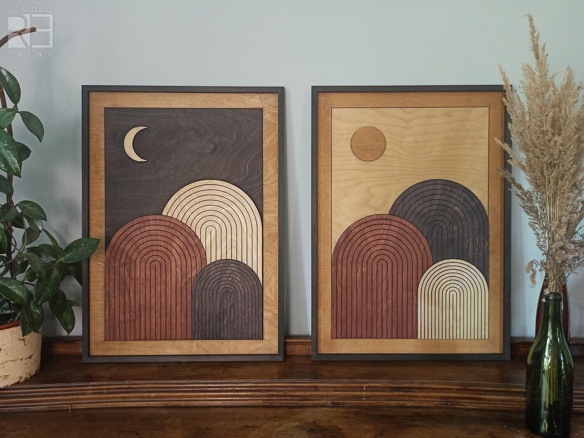 Set of 2: Sun and Moon Wood Wall Art