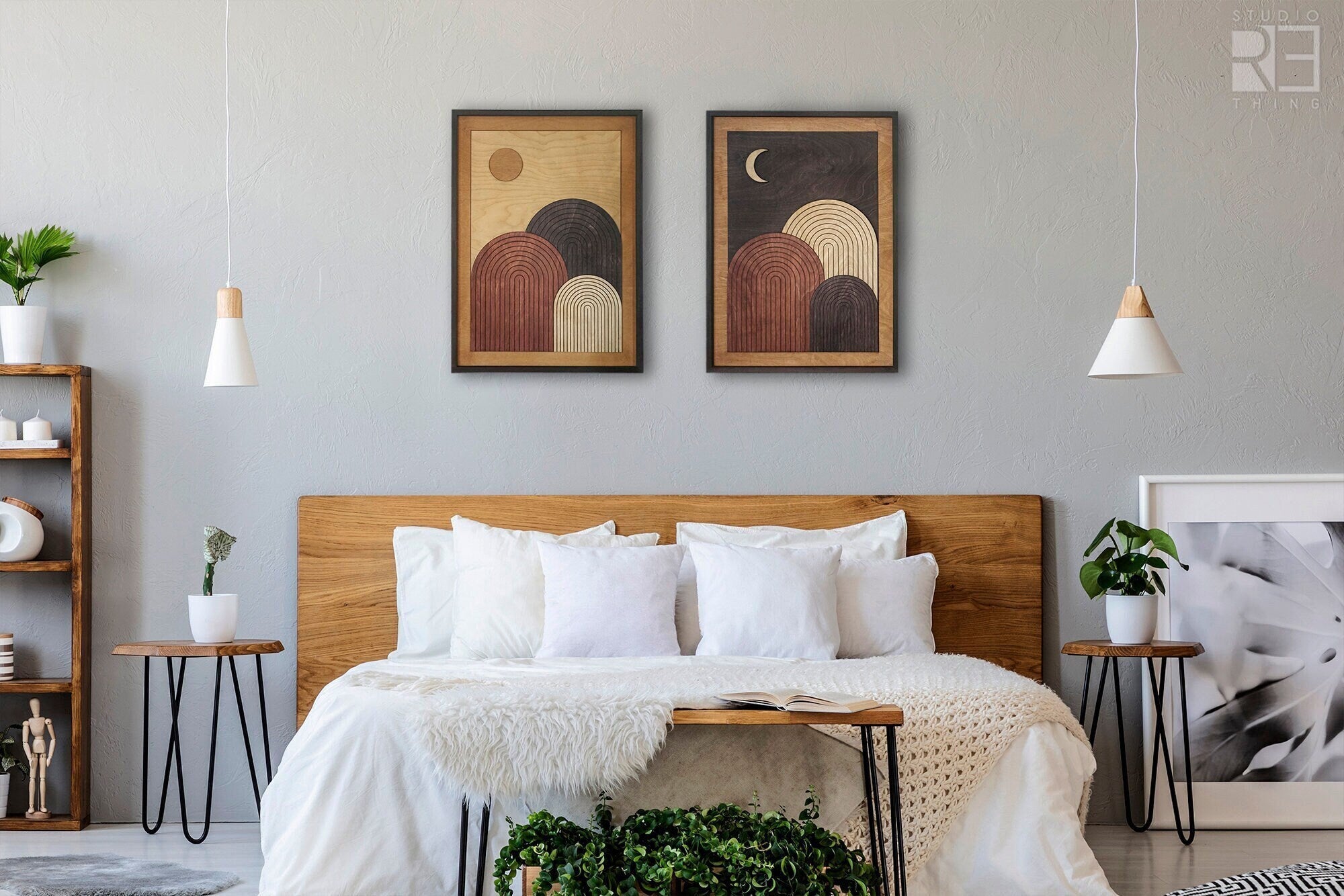 Set of 2: Sun and Moon Wood Wall Art